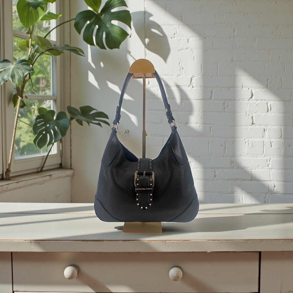 Michael Kors Black Leather Hobo Shoulder‎ Bag Studded Buckle Gold Tone Hardware